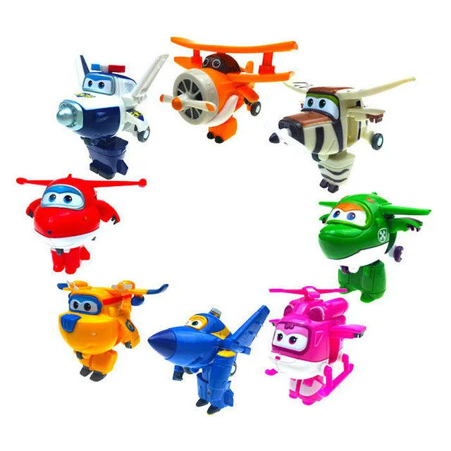 8PCS/Set AULDEY Super Wings Mini Airplane ABS Robot toys Action Figures Super Wing Transformation Jet Cartoon Children Kids Gift