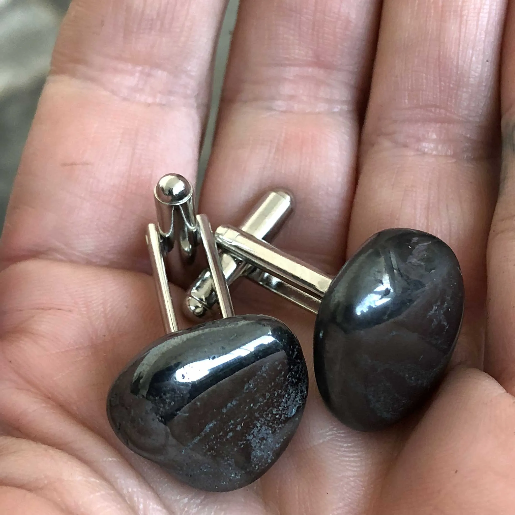 Hematite Cufflinks, tumbled stone cuff links