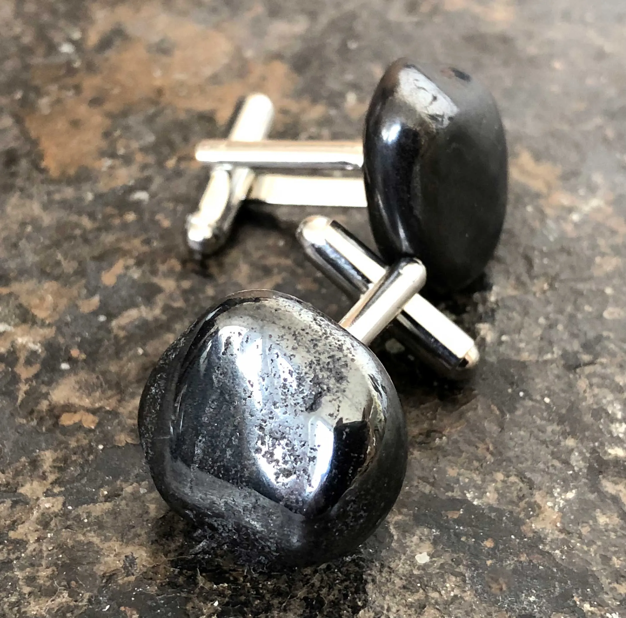 Hematite Cufflinks, tumbled stone cuff links