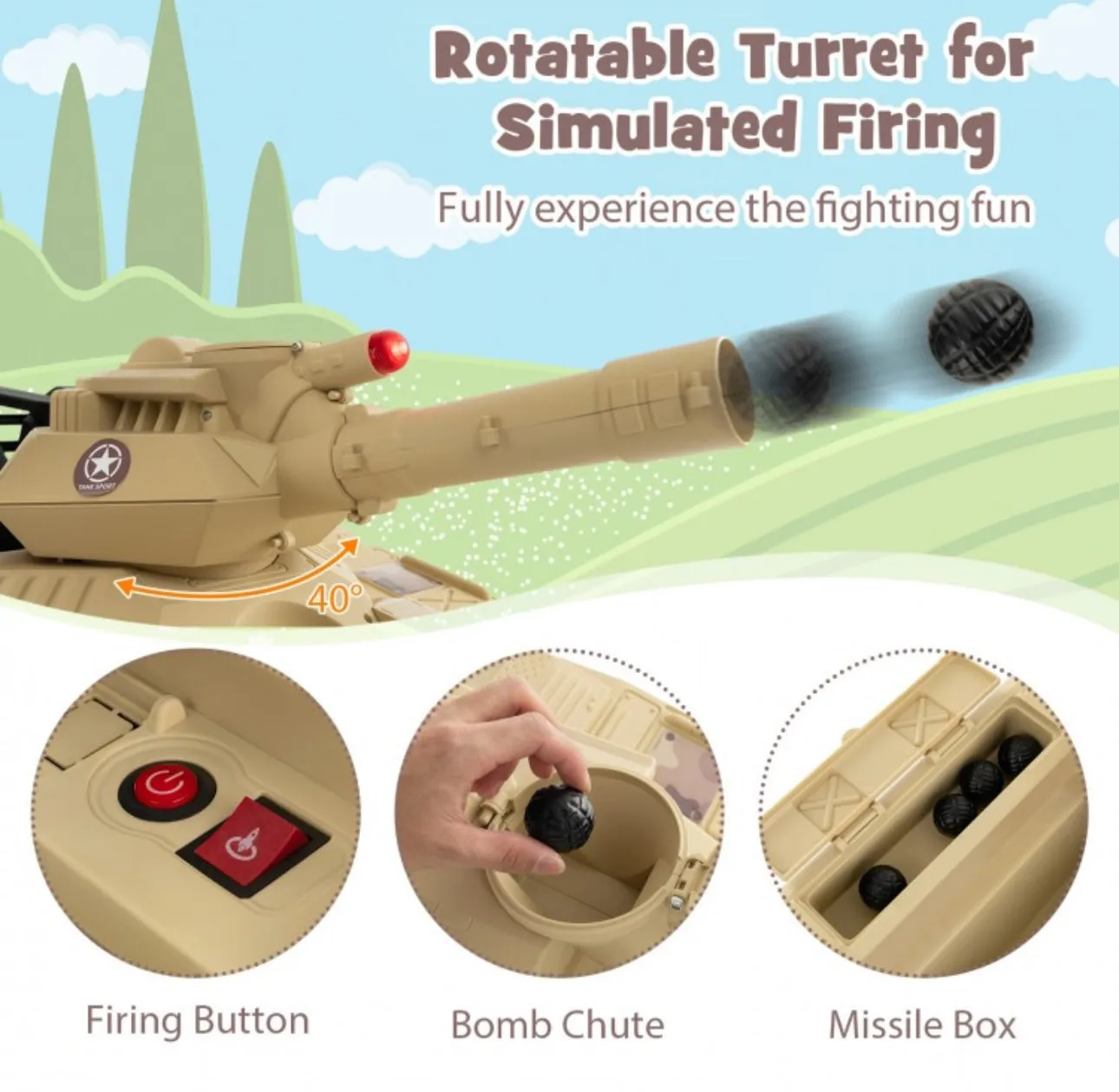 Super Cool 2025 Kids Ride On Car Military Tank 12V | Music | Rotatable Turret & 8 Missiles With 3 Speeds | Rubber Tracks | Lights | Great Seat | Ages 3-8